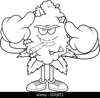 Angry marijuana Bud personnage de dessin animé avec un joint montrant le majeur noir et blanc - illustration vectorielle dessinée à la main Illustration de Vecteur