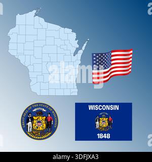 Wisconsin État fédéral américain agitant drapeau, sceau et carte, États-Unis, illustration vectorielle Illustration de Vecteur