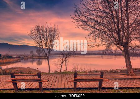 Kerkini, Grèce septentrionale — des bancs en bois surplombent le lac calme au coucher du soleil, encadrés par des arbres sans feuilles et des reflets chauds. Banque D'Images