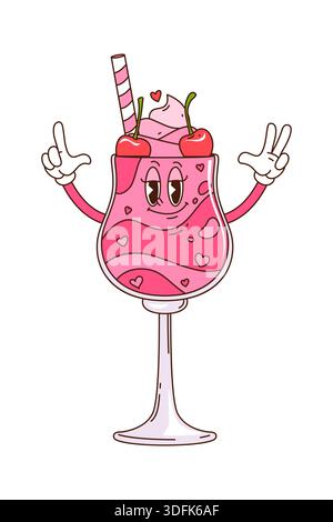 Dessin animé groovy Hippie cocktail verre de la Saint-Valentin Illustration de Vecteur