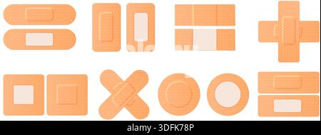 Bandage médical, plâtre adhésif réaliste avec gaze stérile pour les blessures de premiers soins, la chirurgie et les blessures de la peau, blister, médecine élastique antiseptique Illustration de Vecteur