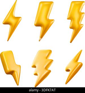 Icônes en plastique brillant de boulon de foudre 3D, étincelle électrique et flash d'énergie réaliste pour bannière de chargeur de puissance, bouton d'application de jeu et tempête ou boost de vitesse Illustration de Vecteur