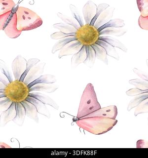Modèle sans couture, papillons roses, fleurs en forme de Marguerite. Illustration aquarelle peinte à la main isolée sur blanc pour textile, emballage, papeterie Banque D'Images