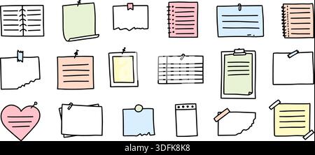 Notes adhésives griffées. Morceaux de papier dessinés à la main et punaises pour rappel de bureau, autocollants de planificateur d'école et papeterie mignonne pour scrapbook. Mémo déchiré Illustration de Vecteur