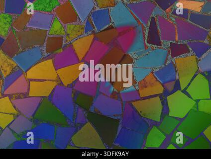 Un fond mosaïque contrasté vibrant avec des fragments géométriques de tuiles en bleu électrique, magenta, jaune et vert. La texture abstraite et colorée est Banque D'Images