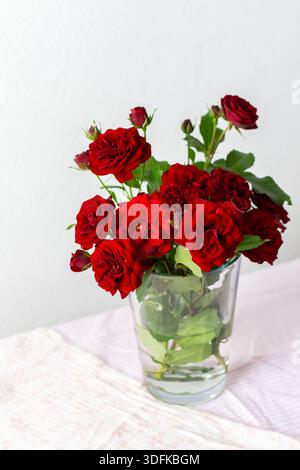 Un bouquet vibrant de roses rouges est disposé dans un vase en verre clair, mettant en valeur leurs feuilles vertes luxuriantes. Le fond rose doux ajoute une touche douce à Banque D'Images