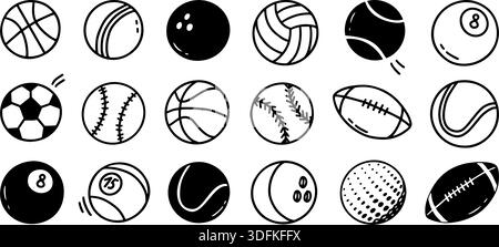 Ballons de sport gribouiller. Football, basket-ball et football, volley-ball et tennis, baseball et cricket, softball et bowling, billard et rugby Illustration de Vecteur