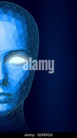 Visage ai polygonal futuriste avec yeux brillants et maillage numérique sur fond dégradé foncé Illustration de Vecteur