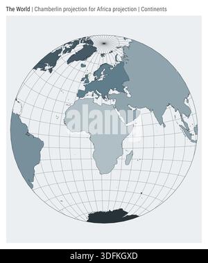 Carte du monde. Projection Chamberlin pour la projection Afrique. Style continents. Carte du monde détaillée pour infographies, éducation, rapports, présentations. Illustration de Vecteur