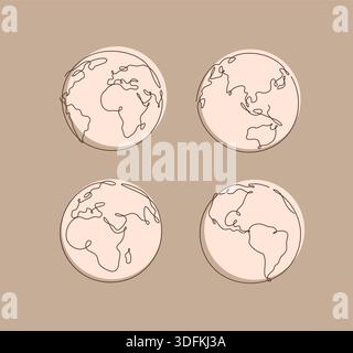 Globe de carte du monde de la Terre dessin dans une ligne brune continue sur fond beige Illustration de Vecteur