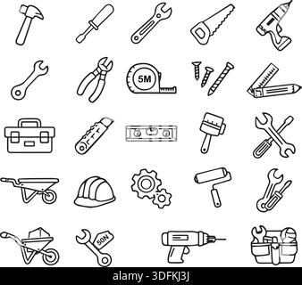 Jeu d'icônes de ligne d'outils à main de construction pour la réparation à domicile de bricolage et la maintenance industrielle. Une collection complète d'icônes minimalistes. Illustration de Vecteur