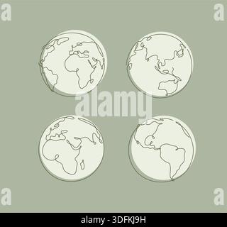 Globe de carte du monde de la Terre dessin dans une ligne verte continue sur fond kaki Illustration de Vecteur
