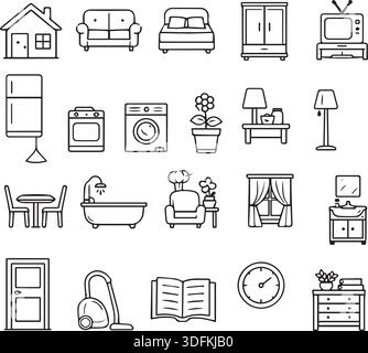 Électroménagers et icônes de ligne intérieure pour le style de vie domestique et les maisons intelligentes. Un ensemble d'icônes de ligne minimalistes pour le ménage. Illustration de Vecteur