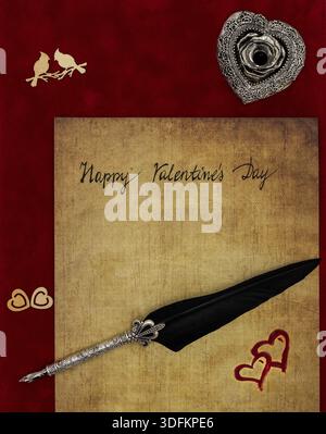 Préaché antique avec Happy Valentines Day écrit à la main, décorations en bois, support de quill argenté détaillé en forme de hart accentué par bea couché plat Banque D'Images