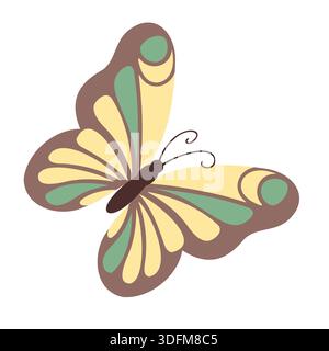 Papillon jaune avec un motif vert. Insectes volants dans un style plat. Illustration dessinée à la main. Illustration de Vecteur