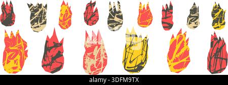 Des icônes de découpes de papier de feu dessinées à la main avec texture d'encre. Ensemble d'illustration vectorielle Doodle Flames avec des textures grunge rugueuses. Éléments de collage pour audacieux Illustration de Vecteur