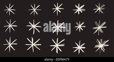 Panneau de forme dessinée à la craie en flocons de neige. Astérisque éléments irréguliers définis. Collection d'étoiles dessinées au crayon abstrait. Flocons de neige irréguliers. Simple ma Illustration de Vecteur