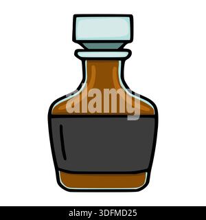 Illustration vectorielle stylisée d'une bouteille en verre brun avec une étiquette grise et un bouchon bleu clair Illustration de Vecteur