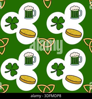 Patrick's Day vecteur modèle sans couture avec des Shamrocks, des tasses à bière, et des pièces d'or Illustration de Vecteur