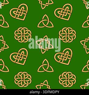 Modèle vectoriel sans couture de nœuds celtiques dorés et de coeurs sur fond vert Illustration de Vecteur