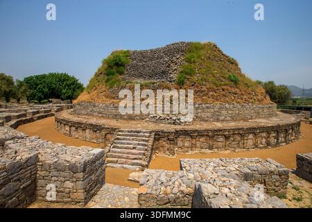 Vue de l'ancien stupa bouddhiste, pierres altérées contrastant avec de la mousse verte, sous un ciel lumineux à Taxila, Pendjab, Pakistan. Banque D'Images