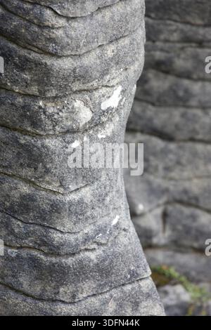 Vue de formations calcaires en couches sculptées par le temps et la marée, créant un paysage texturé de contrastes gris et blancs, Punakaiki, région de la côte ouest, Banque D'Images