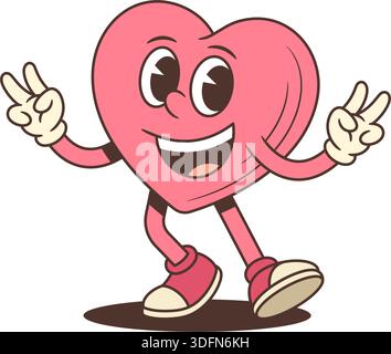 La mascotte de personnage de cœur de dessin animé rétro montre des signes de paix. Une illustration vectorielle groovy pour un thème positif et joyeux. Drôle d'art de style comique vintage pour un Illustration de Vecteur