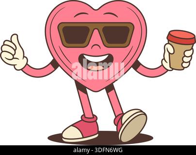 Personnage de dessin animé cool dans un style rétro tendance. Une mascotte de coeur rose dans des lunettes de soleil tient une tasse de café, montre un geste de pouce vers le haut. Illustration vectorielle parfaite Illustration de Vecteur
