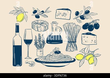 Pâtes et spaghettis avec fromage et olives dessinés à la main, Doodle collection de fromage et vin italien, spécialités méditerranéennes Illustration de Vecteur