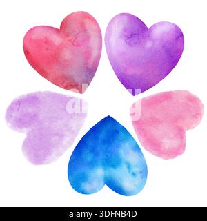 set, rouge, bleu, lilas, violet, et coeurs roses dessinés à la main à l'aquarelle Banque D'Images