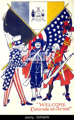 Cette affiche de la première Guerre mondiale de 1918, illustrée par G.W. 'Pete' Riegel, représente l'oncle Sam, un minuteman de la guerre d'indépendance, et un soldat contemporain s'unissant sous les drapeaux américain et de l'État de New York. L'œuvre, intitulée « Welcome Comrade-at-Arms », est un appel patriotique à accueillir les braves soldats de retour de la Grande Guerre. Banque D'Images