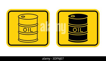 Ensemble d'icônes de baril d'huile dans des panneaux d'avertissement jaunes présentant deux styles. Idéal pour les thèmes énergétiques et industriels, véhiculant sécurité et attention. Illustration de Vecteur