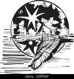 Image expressionniste gravée sur bois représentant un cygne majestueux en vol au-dessus d'une pleine lune. Illustration de Vecteur