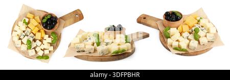 Planche de charcuterie avec différents types de fromage et olives isolé sur blanc, serti. Vue de dessus et de côté Banque D'Images