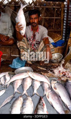 Stall Holder montre ses produits dans un marché aux poissons à Dhaka, au Bangladesh. Banque D'Images