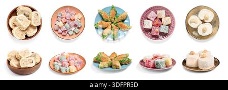 Ensemble de desserts turcs traditionnels sur fond blanc Banque D'Images