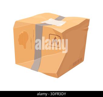 Boîte de livraison de marchandises froissée endommagée avec bords déchirés et surface froissée. Paquet de carton de colis cassé scellé avec du ruban gris, des rayures et un signe inflammable. Boîte de livraison, d'expédition et de logistique Illustration de Vecteur