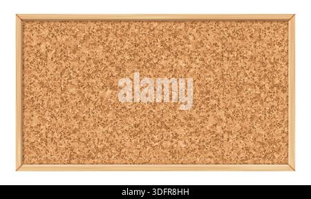 Tableau vectoriel de liège réaliste avec un cadre rectangulaire en bois et une texture mouchetée qui imite de vrais tableaux d'affichage en liège. Bureau, panneau d'annonce d'information de classe, modèle de tableau d'affichage d'école Illustration de Vecteur