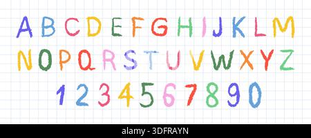 Crayon alphabet anglais. Police enfantine avec d'épaisses lettres griffonnées pour un design amusant et pour l'apprentissage de la maternelle ou des projets créatifs. Vecteur Illustration de Vecteur