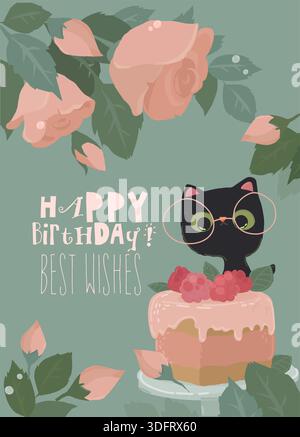 Carte de voeux avec petit chat noir assis près du gâteau dans les roses roses Illustration de Vecteur