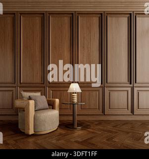 Intérieur de la chambre en bois avec lampe de fauteuil à panneau mural en bois et parquet. rendu 3d. Banque D'Images