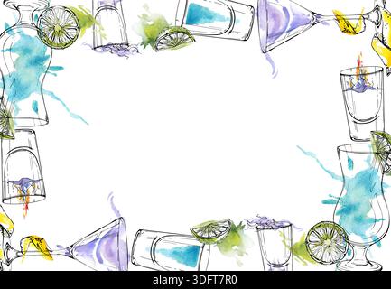 Aquarelle aérée et bordure d'encre de cocktails électriques frais et des shots dans des tons turquoise et lavande avec ligne et garniture de citron. Dessiné à la main pour Banque D'Images