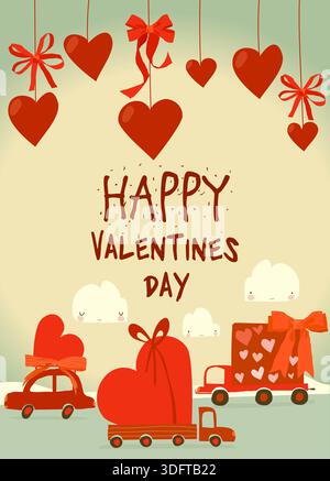 Mignonnes voitures rouges avec des cœurs. Saint-Valentin Illustration de Vecteur
