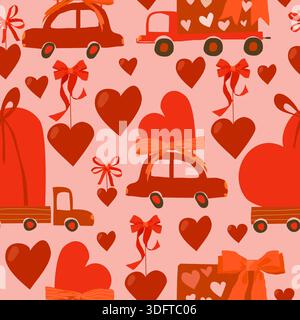 Motif sans couture avec de jolies voitures rouges avec des coeurs. Saint-Valentin Illustration de Vecteur