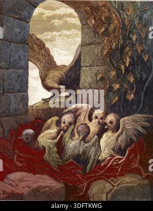 L'Aigle et le Hibou - L'Aigle et la chouette - tiré de 'Fables' de Jean de la Fontaine (Lafontaine) (1621-95) - gravure d'après Gustave Dore (1832-83) - Collection particulière Banque D'Images