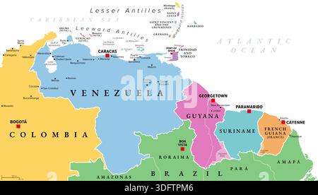 Venezuela et Guyanes, carte politique multicolore. Région géographique en Amérique du Sud, comprenant le Venezuela et les Guyanes. Banque D'Images