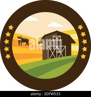 Icône de vecteur de paysage de ferme d'été, champ vert avec maison rouge et bottes de foin Illustration de Vecteur