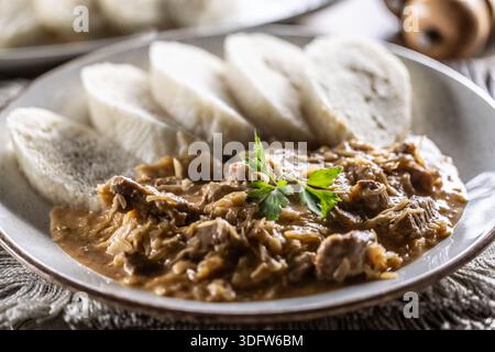 Le goulash traditionnel de Szeged accompagné de morceaux de viande et de choucroute est servi dans une assiette, accompagné de quelques tranches de boulettes légères cuites à la vapeur et de garnis Banque D'Images