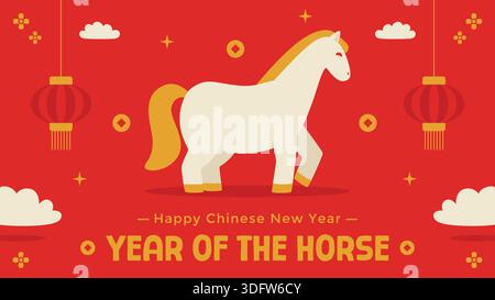Joyeux vœux du nouvel an chinois avec un design minimaliste avec un cheval blanc et des lanternes rouges sur fond rouge avec des éléments saisonniers. Illustration de Vecteur