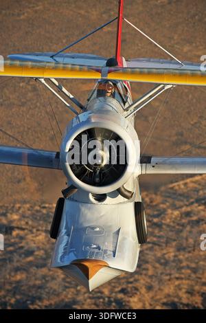 L'image montre un oiseau de guerre Grumman J-2F-6 Duck volant dans une photographie air-air avec une vue claire du cockpit et du pilote. Le J-2F-6 Duck est un biplan amphibie biplace monomoteur développé pour la Marine et la Garde côtière des États-Unis à la fin des années 1930 Il est propulsé par un moteur à pistons radiaux neuf cylindres Wright R-1820 Cyclone entraînant une hélice à pas fixe. Cet avion restauré porte l'immatriculation civile N3960C, numéro de série 33559, et est exploité dans le cadre de la collection Erickson Airshow. Le canard était utilisé pour des tâches de service public, de sauvetage, d'observation et de transport. opérations Banque D'Images